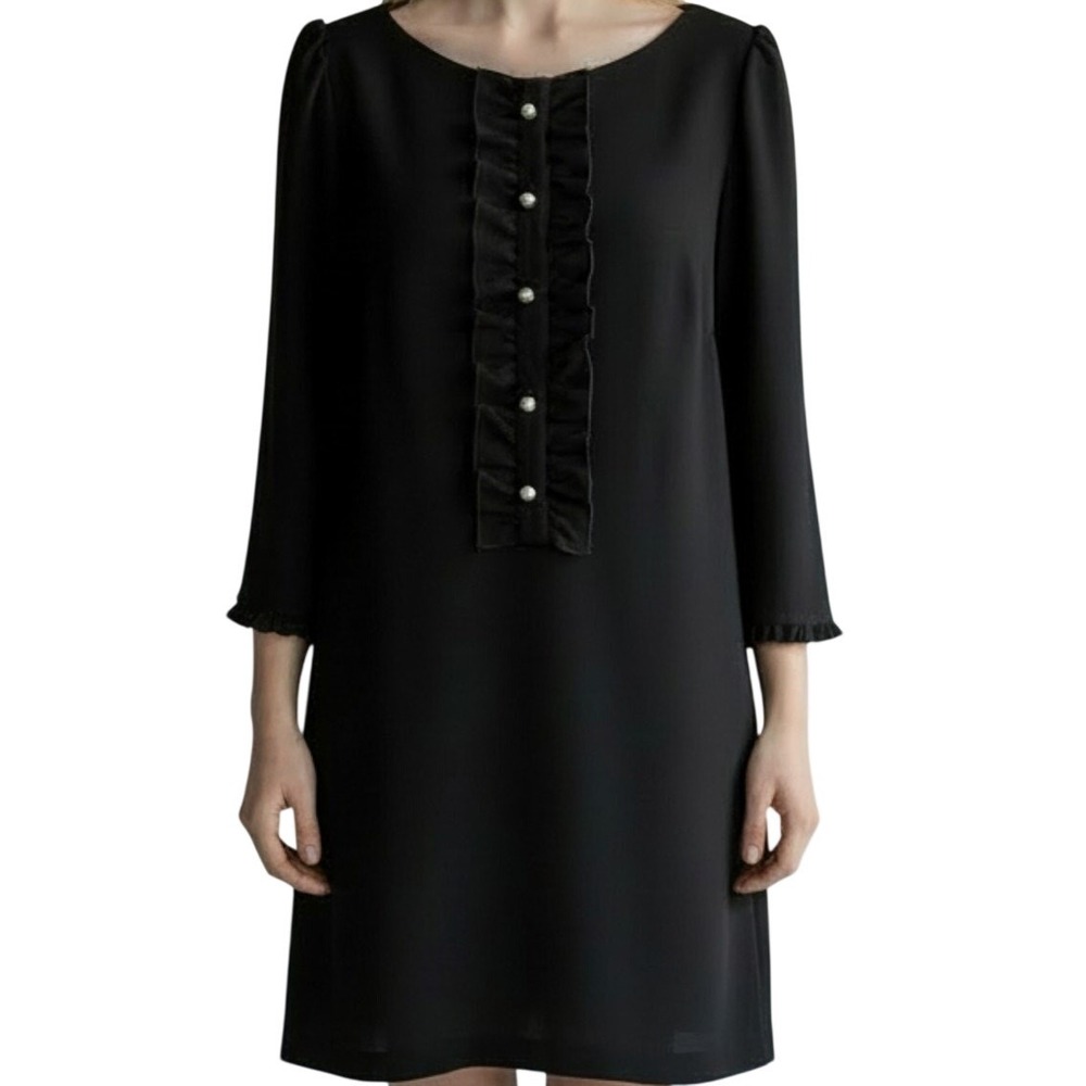 Karl Lagerfeld Black Sheath Dress Pearl Buttons Zip Up 3/4 Sleeves Sz 6